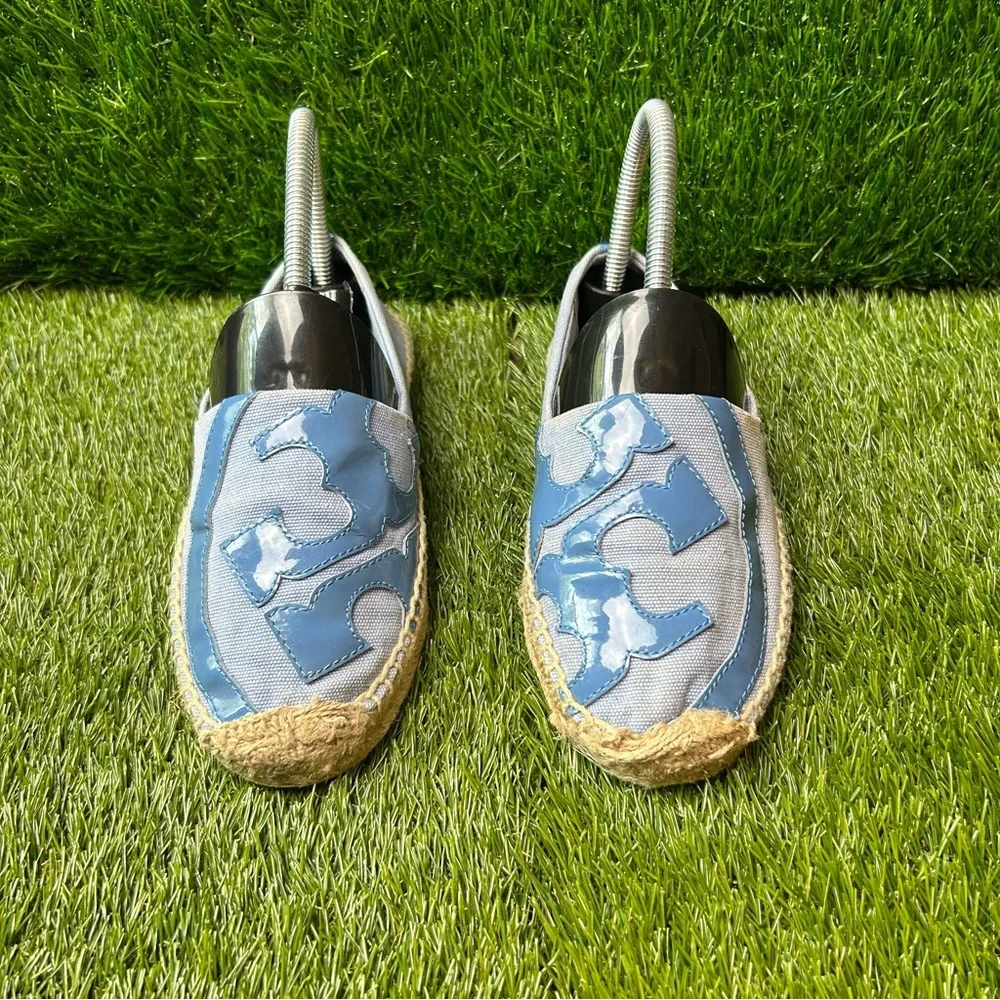 Tory Burch Womens Canvas Espadrille Flats Blue‎ Patent Logo Slip On Shoes Size 6